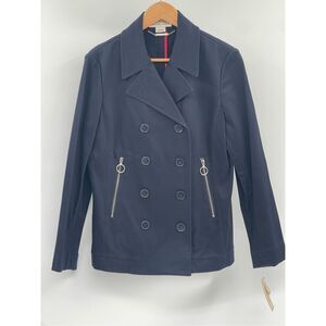 Michael Kors Peacoat Jacket Women Large Navy Blue Stretch Canvas‎ Cotton New